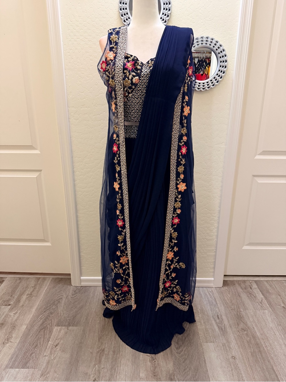 Navy blue Lehenga saree with jacket